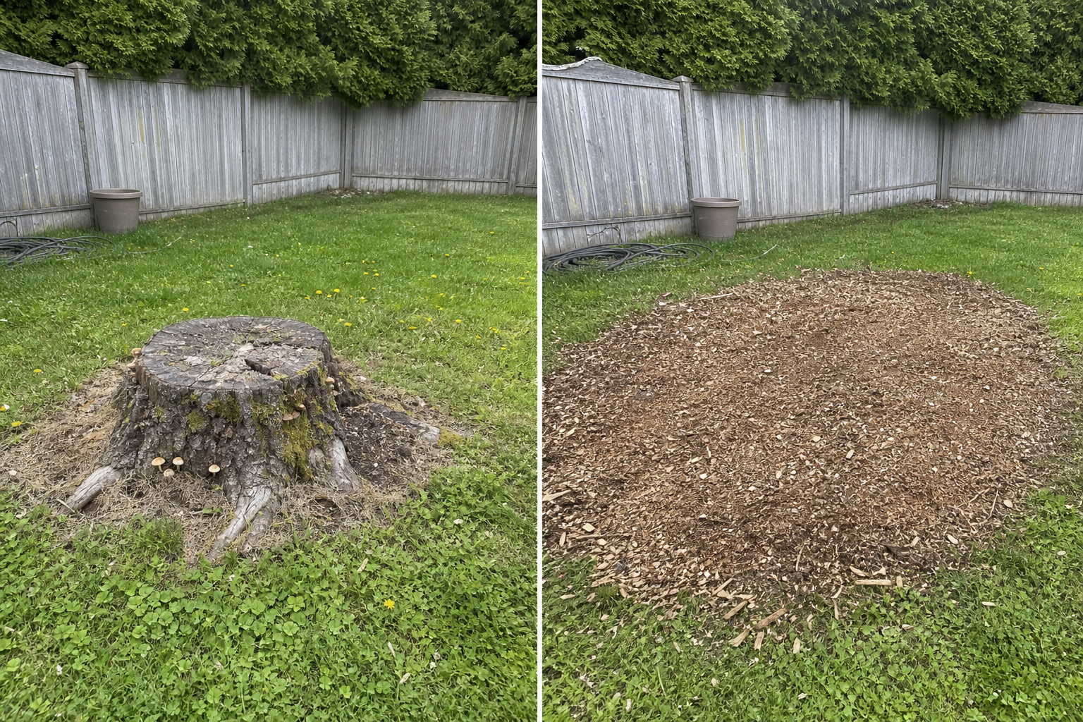 Avant et après l'enlèvement professionnel d'une souche d'arbre en Montérégie : souche entière sur le gazon à gauche, terrain nettoyé et fraisé à droite.